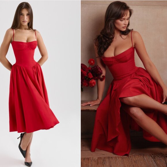 House of CB Dresses & Skirts - HOUSE OF CB 'Samaria' Red Gathered Midi Dress NWOT